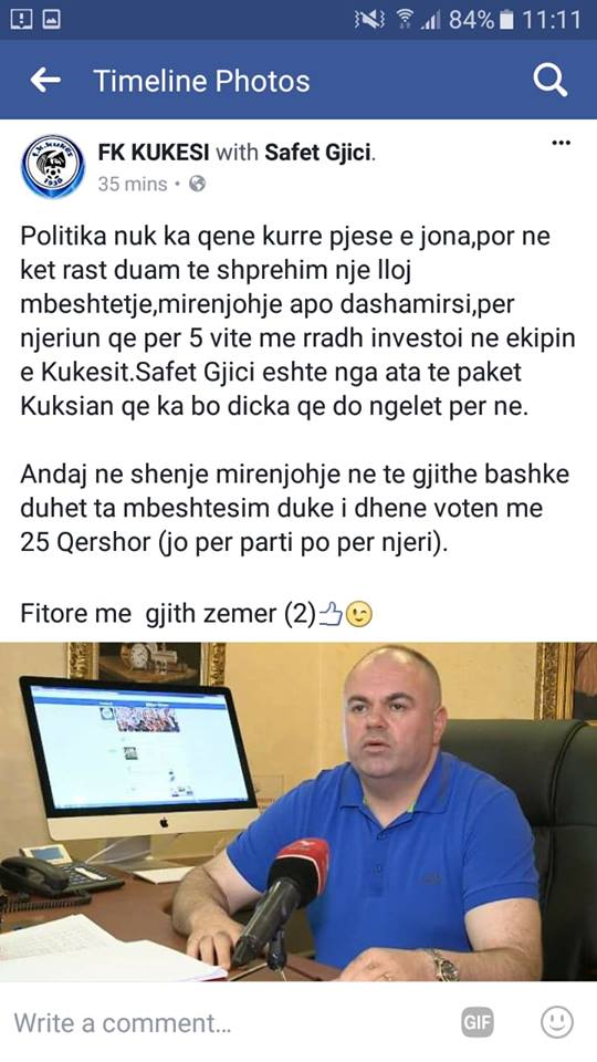 SKANDALI/ Faqja e tifozëve të Kukësit bën thirrje: Të votojmë Gjicin në 25 qershor