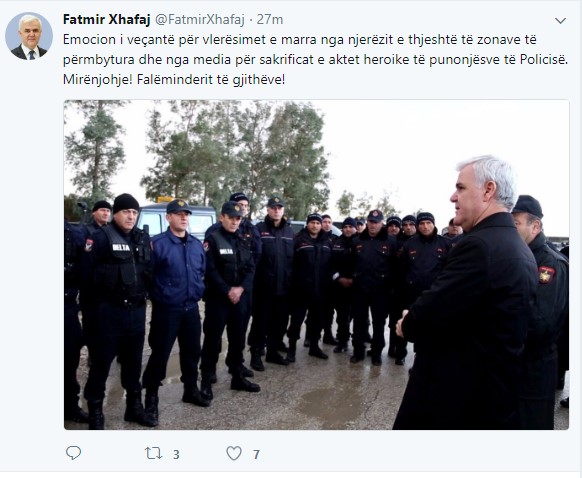 Xhafaj ka falenderuar forcat e policisë permes nje postimi në facebook