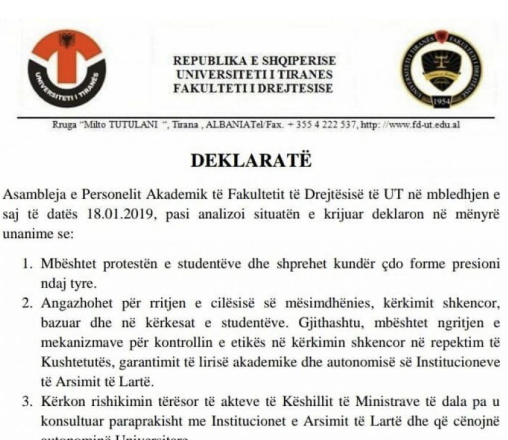 Asambleja e Juridikut: Dënojmë ashpër kërcënimet dhe dhunën ndaj studentëve