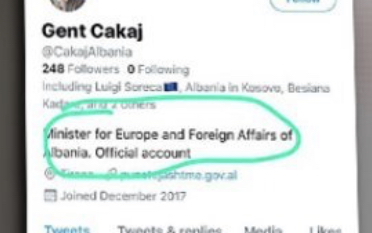 FOTO/ “Ministri i Jashtëm”Gent Cakaj  fshin llogarinë e tij në Twitter
