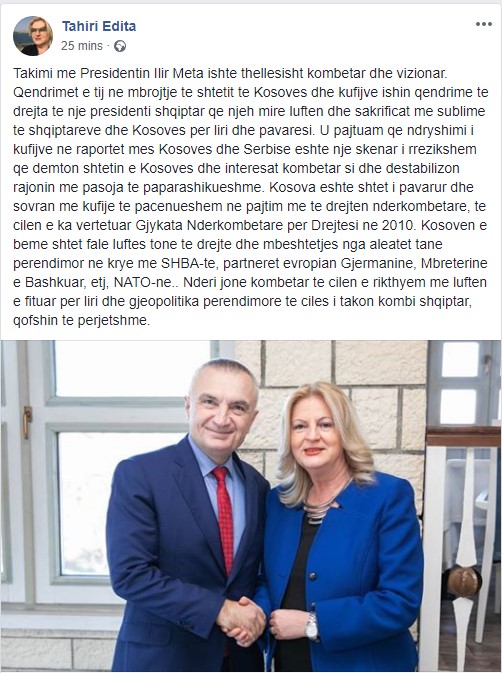 Edita Tahiri për takimin me Metën: Qëndrimet e tij në mbrojtje të kufijve të Kosovës janë vizionare