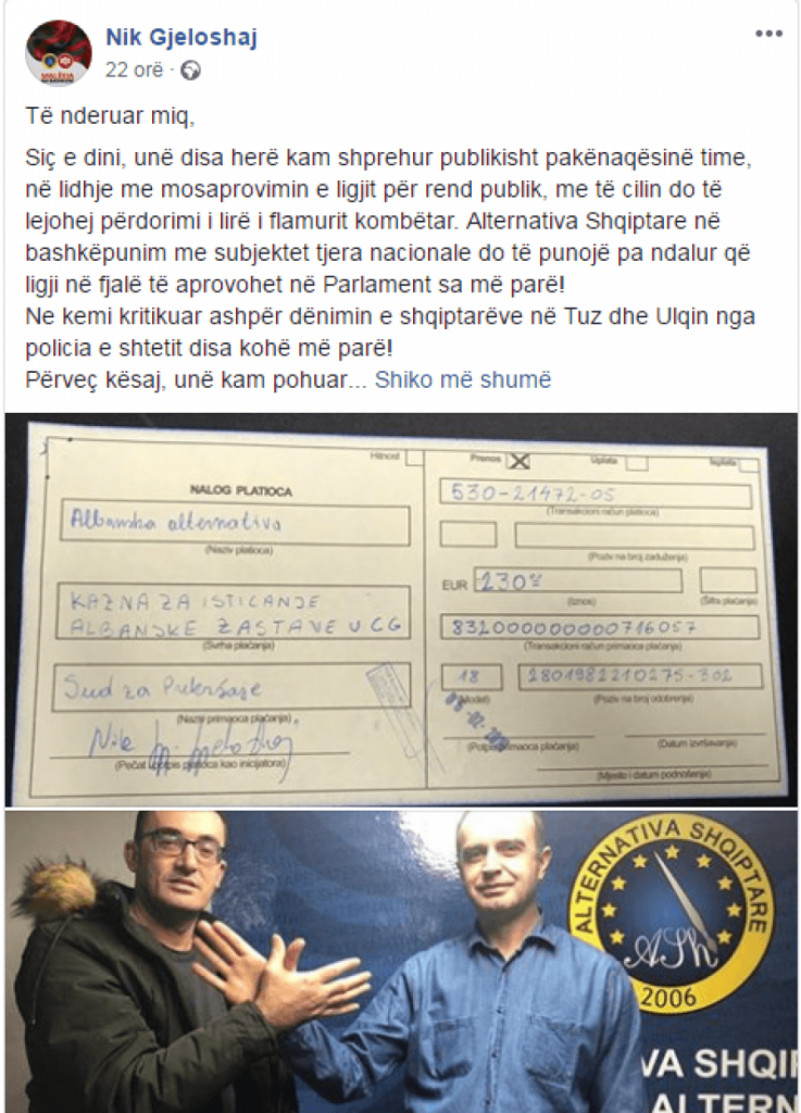 Gjobë shqiptarit në Mal të Zi se vendosi flamurin kombëtar në ballkon
