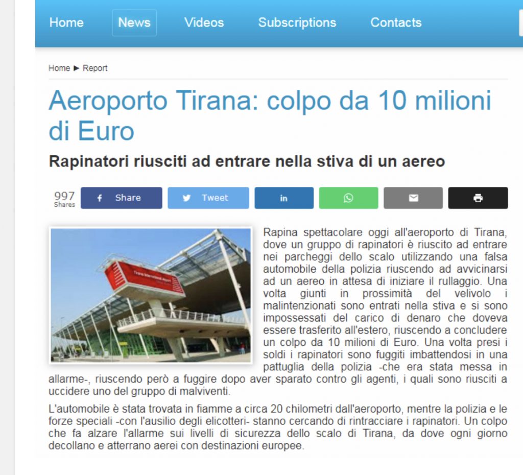Grabitja si nëpër filma në Rinas, jehonë në shtypin e huaj