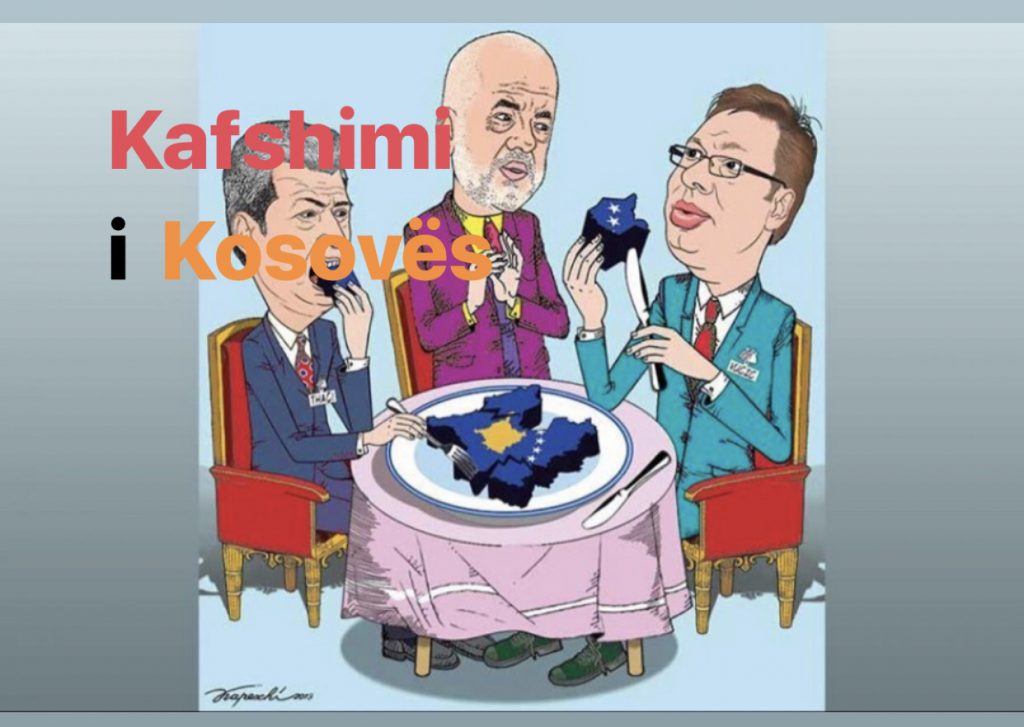 Karikatura/ Thaçi  e Vuçiç, e copëtojnë Kosovën në tavolinë