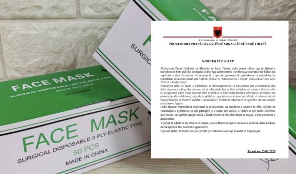 Prokuroria e Tiranës nis procedimet penale për çmimet e maskave