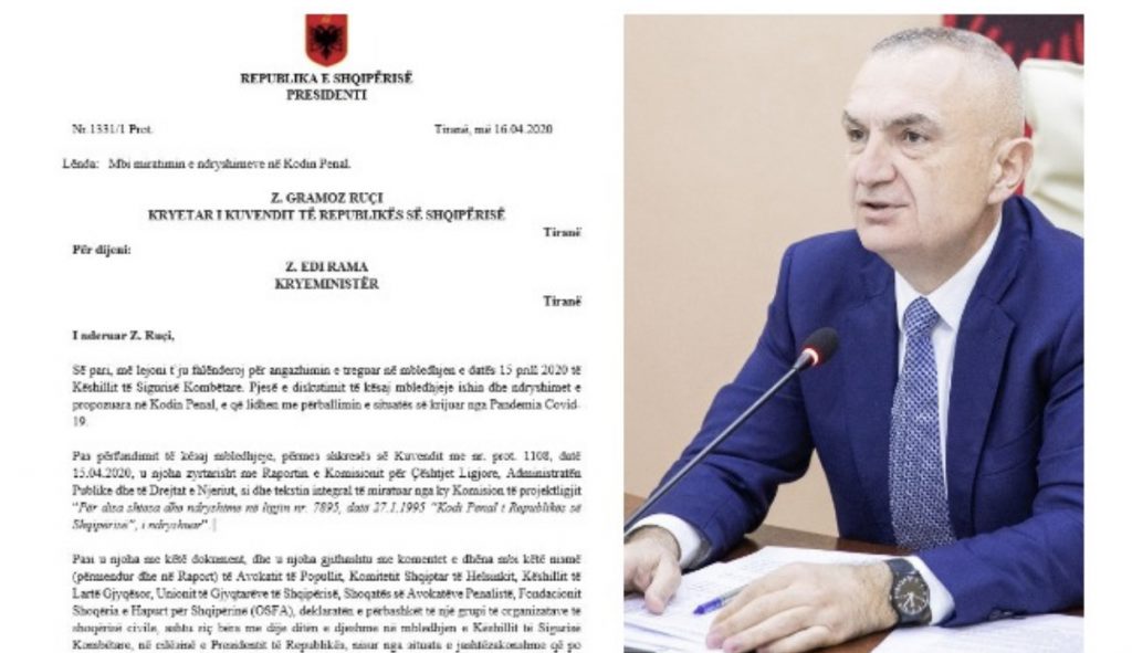 Ashpërsimi i Kodit Penal, Presidenti letër Kuvendit dhe Kryeministrit: Po shkelet Konventa e të Drejtave të Njeriut
