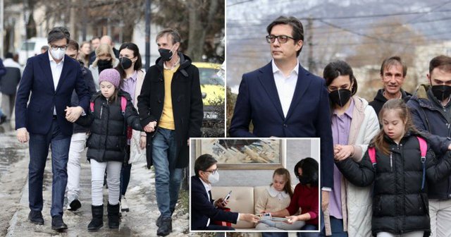 Presidenti i Maqedonisë e shoqëron në shkollë vajzën shqiptare