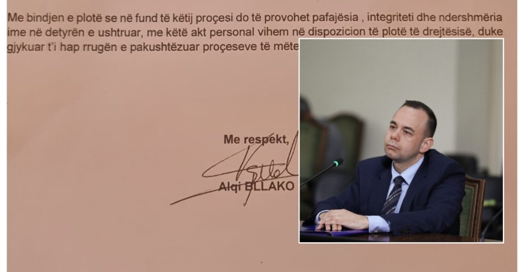 Letra e Alqi Bllakos që dorëzoi  në Kryesinë e Kuvendit