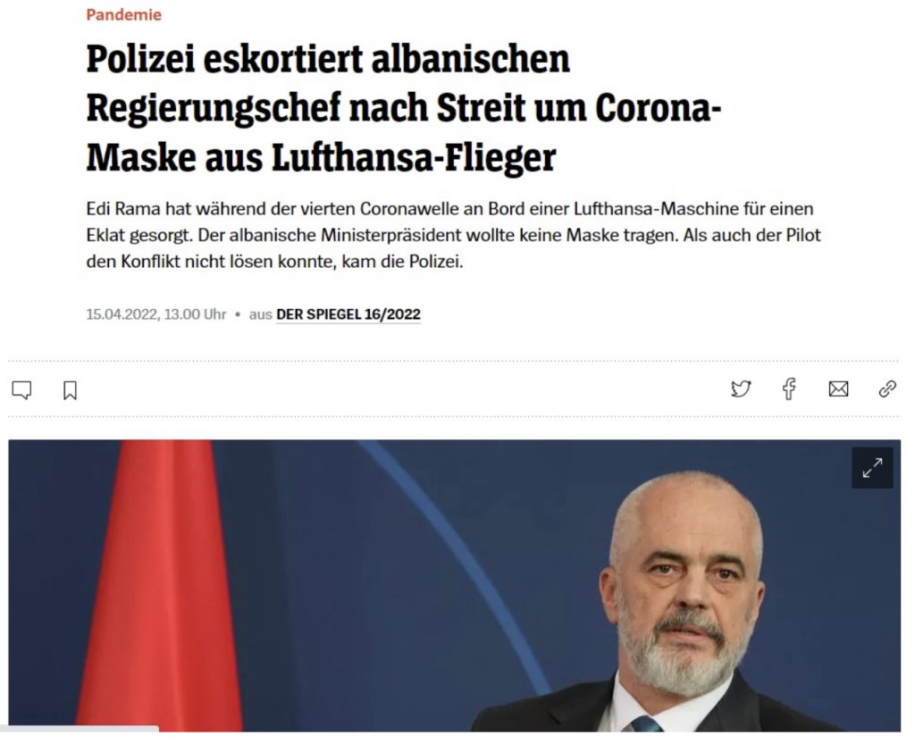 Spiegel: Policia gjermane shoqëroi kryeministrin Rama, shkak refuzimi mbajtjen e maskës anti-covid në avion