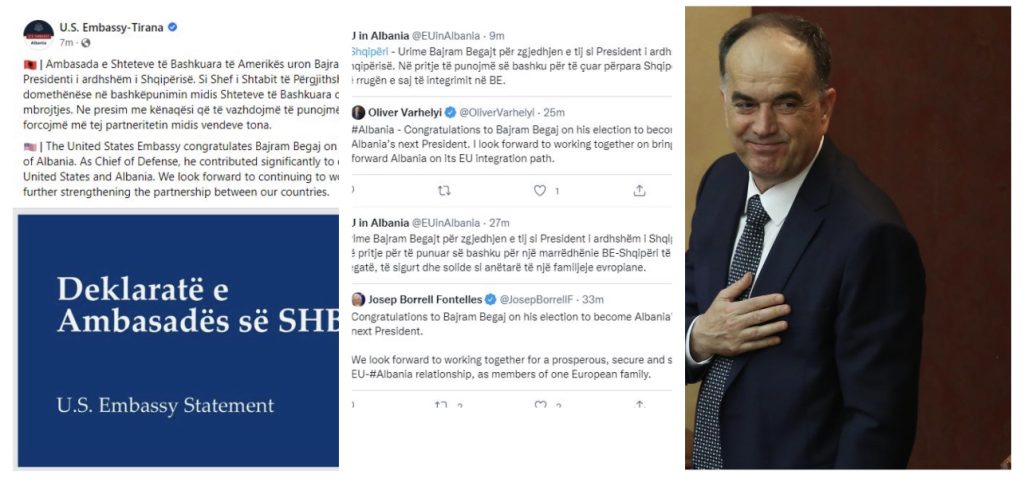 Ambasasdat e SHBA-së dhe BE-së urojnë Bajram Begajn për zgjedhjen e tij si President i Shqipërisë