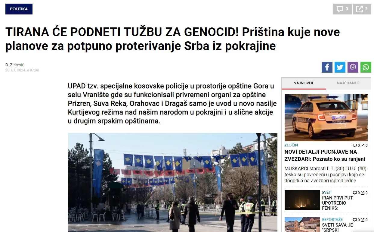 Media serbe jehonë  “Padisë për gjenocid” që Tirana do bëjë ndaj Serbisë