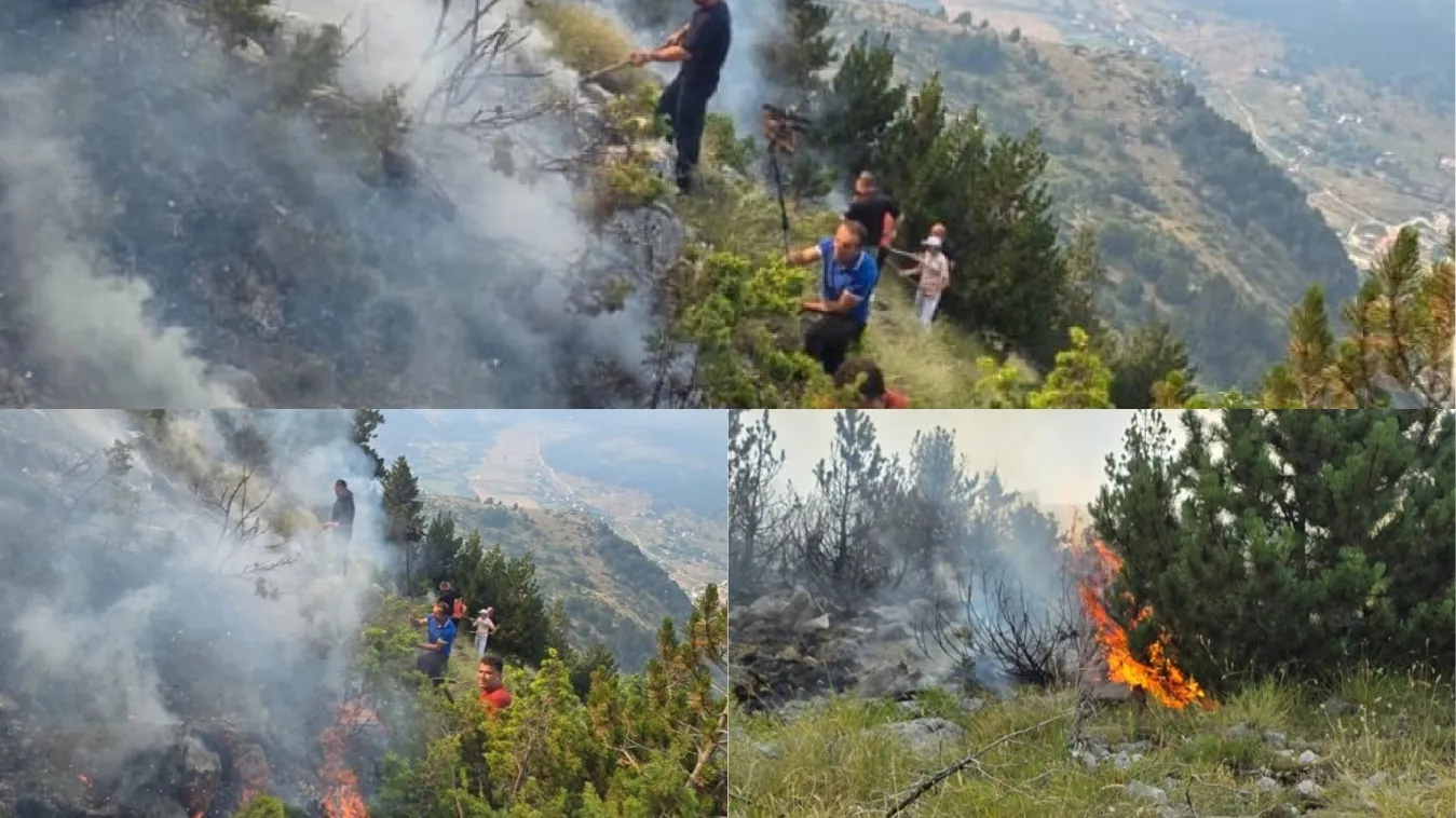 Foto/ Banorët e Lurës tentojnë të shuajnë zjarrin me mjete rrethanore