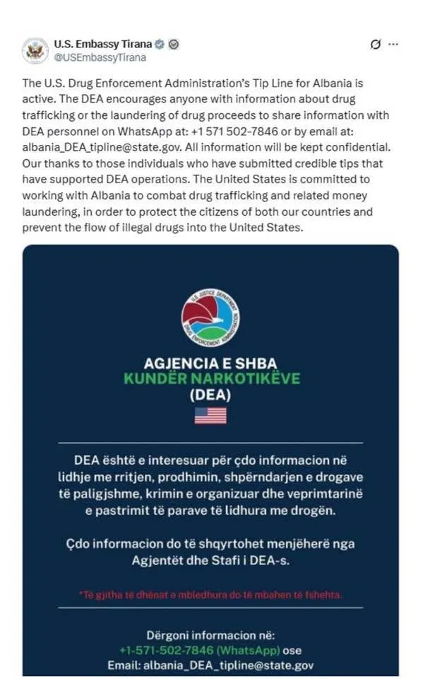 SHBA u bën thirrje shqiptarëve të raportojnë direkt te DEA