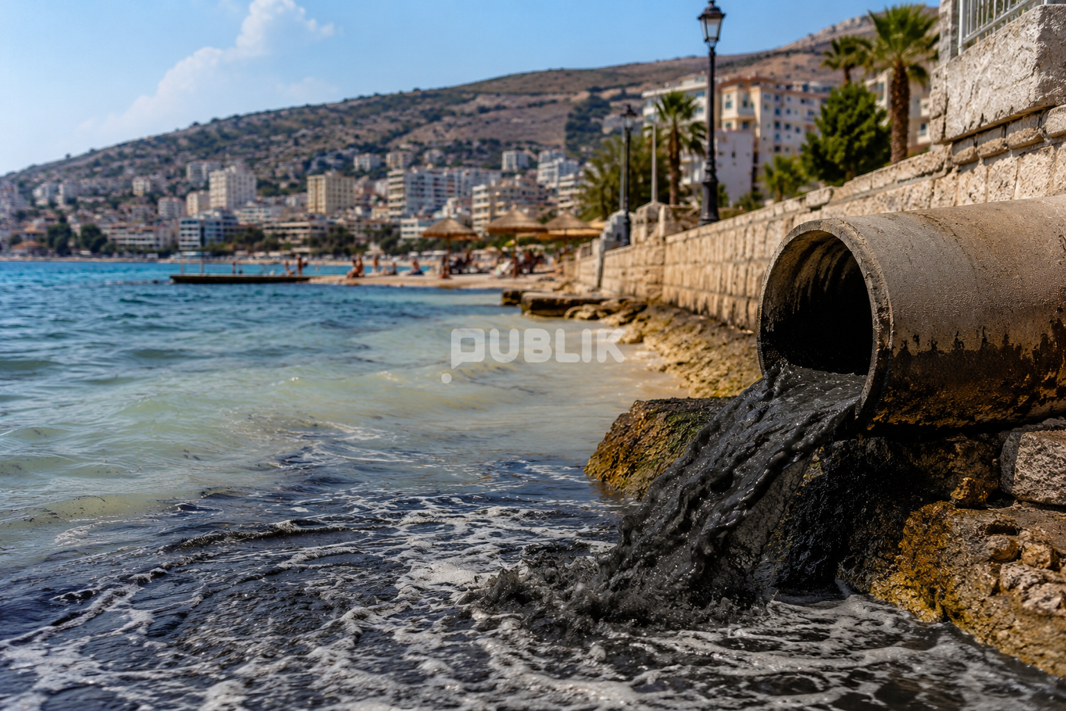 Ujërat e zeza derdhen në Shëtitore pranë plazhit publik në Sarandë