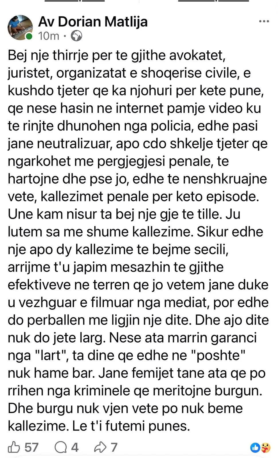 Dorian Matlija u bën thirrje juristëve të ndihmojnë të rinjtë e dhunuar nga policia