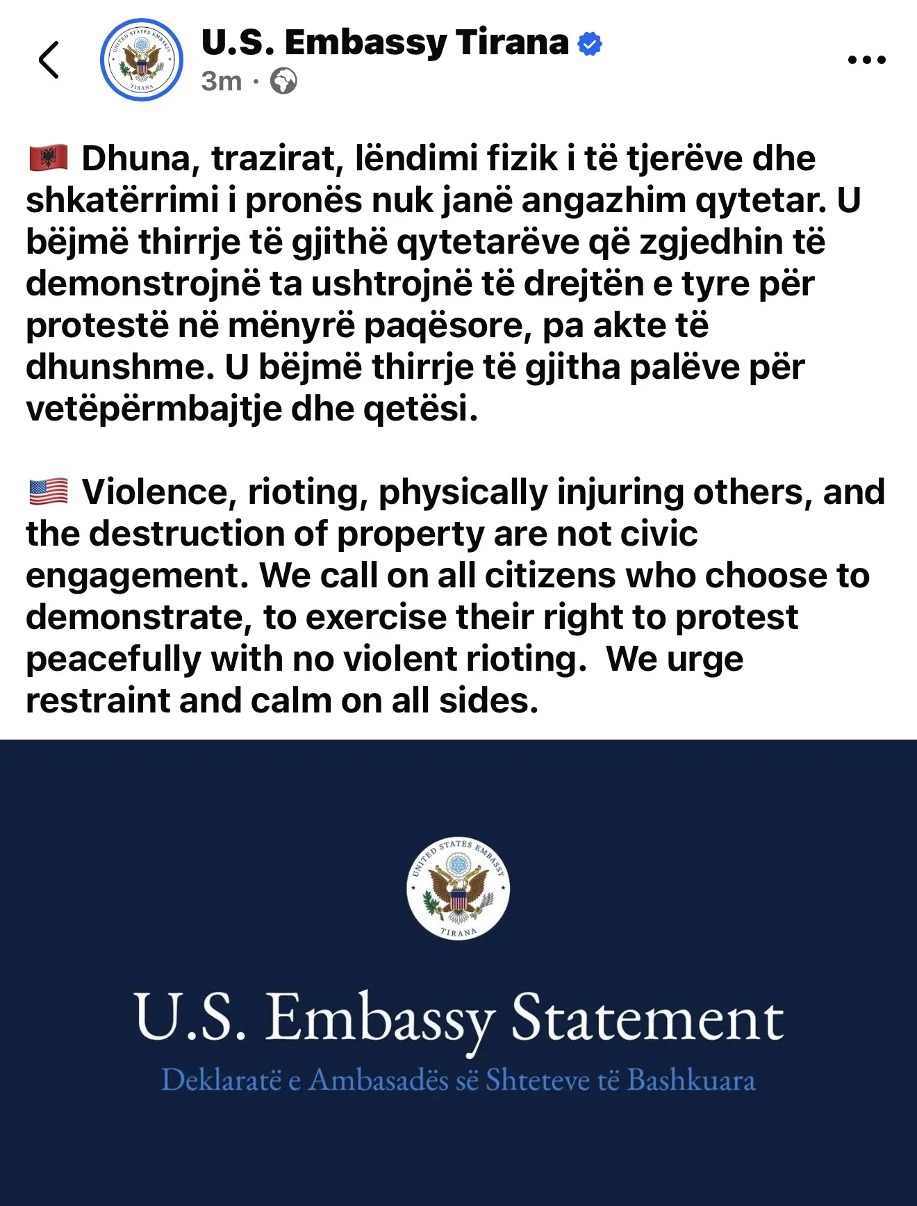 Ambasada e SHBA së  Dhuna nuk është angazhim qytetar  palët të vetëpërmbahen